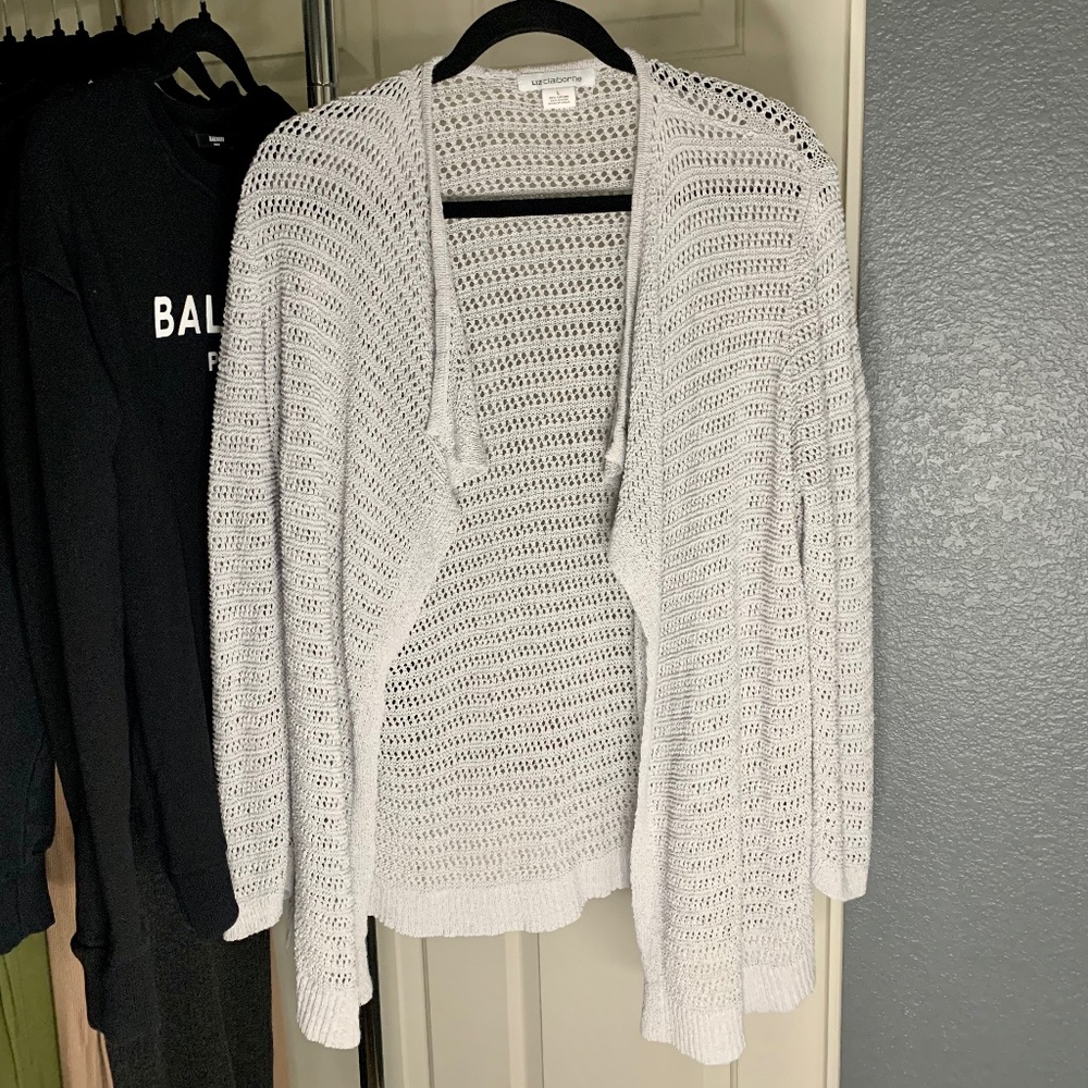 LIZ CLAIBORNE Grey Crocheted Open Cardigan - Size L